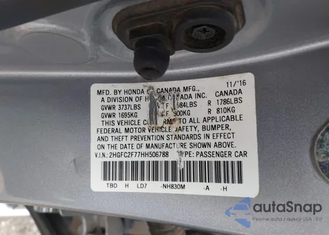 2017 Honda Civic Ex z USA, uszkodzony, nr VIN 2HGFC2F77HH506788